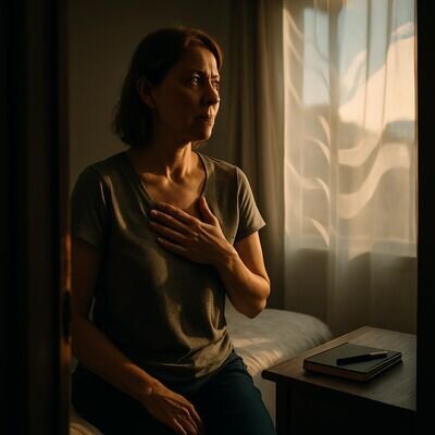 Eine Person sitzt wach und nachdenklich auf dem Bettrand im warmen Morgenlicht, beruhigende Atmosph&auml;re.
