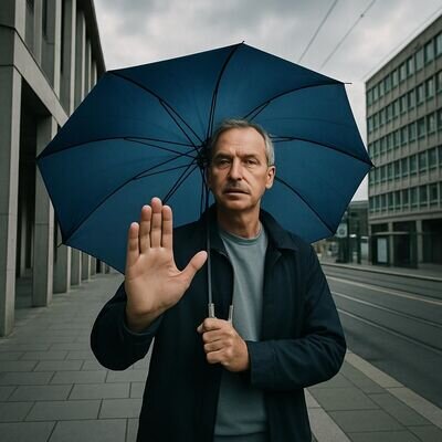 Eine Person setzt freundlich eine Grenze in einer allt&auml;glichen Situation und wirkt dabei ruhig und stabil.