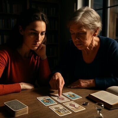 Beraterin und Klientin besprechen ruhig ein Legesystem, Karten und Buch im Hintergrund.