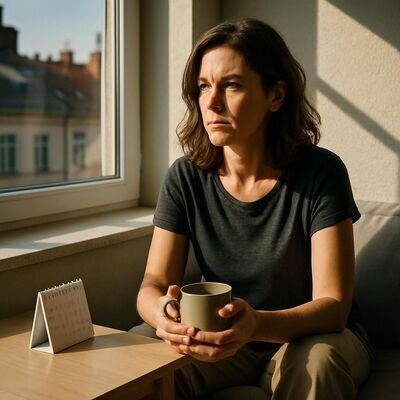 Eine Person sitzt nachdenklich am Fenster mit einer Tasse Tee, warmes Licht, ruhige Stimmung.