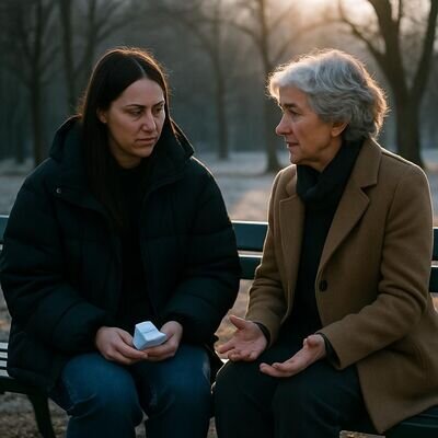 Zwei Menschen sitzen auf einer Parkbank und sprechen leise, N&auml;he ohne Druck.