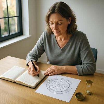 Eine Person betrachtet Unterlagen und ein Horoskop, nachdenklich und geerdet, in heller Atmosph&auml;re.
