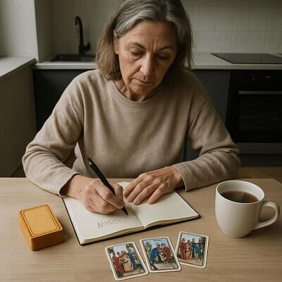 Eine Person schreibt eine klare Frage ins Notizbuch, nebenan liegen Kipperkarten und eine Tasse Tee.