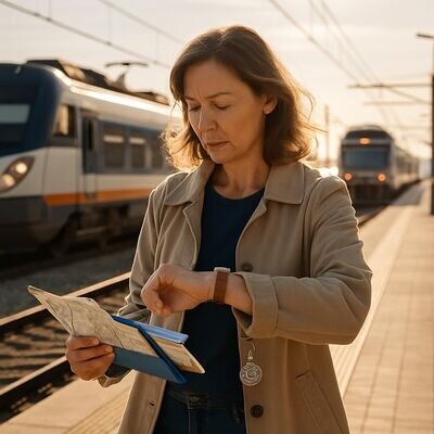Eine Frau plant entspannt ihre Route und haelt Reiseunterlagen bereit.