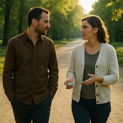 Zwei Menschen gehen nebeneinander im Park, reden ruhig und blicken nach vorn, entspannte Bewegung statt Konfrontation.