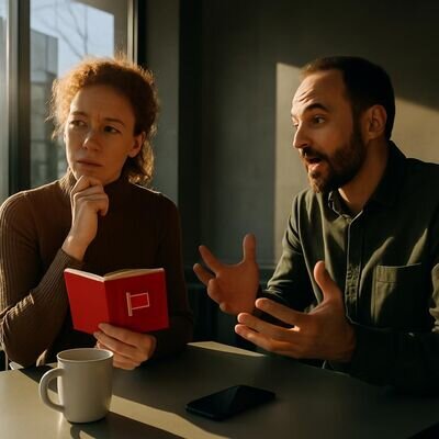 Zwei Menschen in einem Caf&eacute;, eine Person wirkt nachdenklich und pr&uuml;ft ihr Bauchgef&uuml;hl.