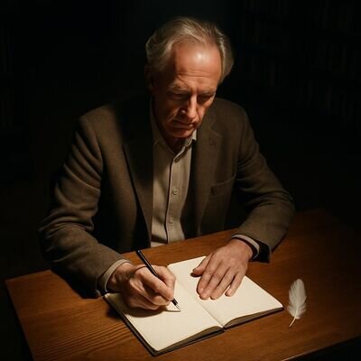 Eine Person sitzt in einer Bibliothek, schreibt Gedanken auf und betrachtet eine kleine Feder als Symbol f&uuml;r Orientierung.