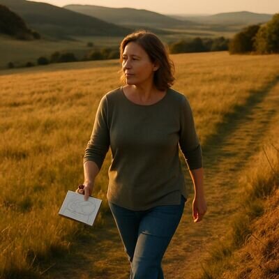 Eine Person geht in weiter Natur spazieren, h&auml;lt ein kleines Notizbuch; Abendlicht, hoffnungsvoll und klar.