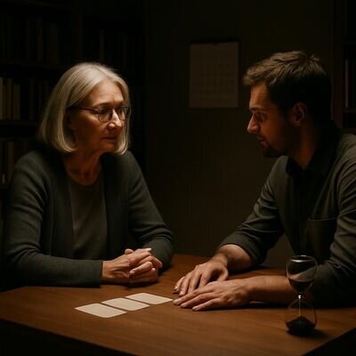 Eine Person spricht ruhig mit einer Beraterin, im Hintergrund Kalender ohne hervorgehobenes Datum &ndash; Fokus auf Klarheit.