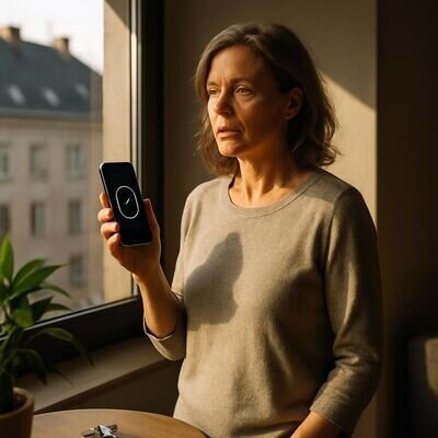 Eine Frau bemerkt 11:11 auf dem Handy, warmes Licht und ruhige, hoffnungsvolle Stimmung.