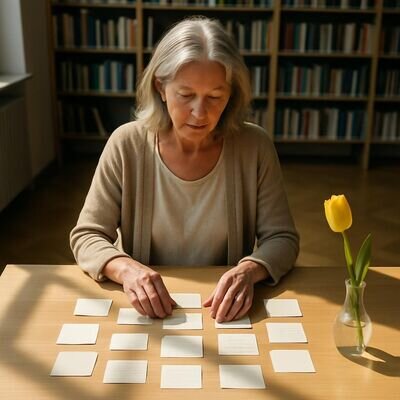 Helle Innenraumszene: Eine Person ordnet Notizen und Symbole, als Sinnbild f&uuml;r Verarbeitung und Integration.