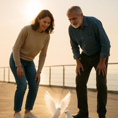 Zwei Menschen beobachten Tauben in einer hellen, freundlichen Umgebung und wirken versoehnt und ruhig.