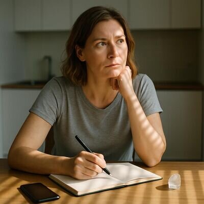 Eine Person reflektiert ruhig &uuml;ber eine Beziehungssituation und notiert Gedanken f&uuml;r einen bodenst&auml;ndigen Realit&auml;tstest.