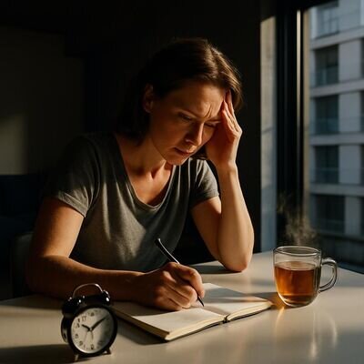 Eine Person sitzt am hellen Kuechentisch mit Notizbuch und Tee, wirkt erleichtert und geerdet.