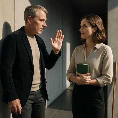 Zwei Erwachsene in einem respektvollen Gespraech, das Klarheit und gesunde Abgrenzung zeigt.