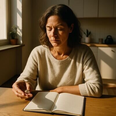Eine Person sitzt am hellen Tisch mit Notizbuch und M&uuml;nze, warmes Licht, konzentrierte, entspannte Stimmung.