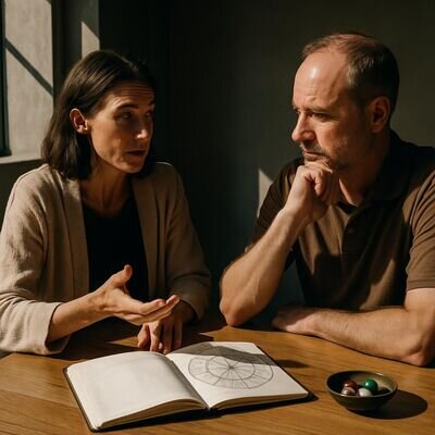 Zwei Personen in einem ruhigen Gespr&auml;ch, mit Notizbuch und dezenten Sternzeichen-Skizzen als Symbol f&uuml;r Reflexion.