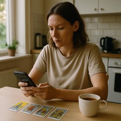 Eine Person schreibt am Smartphone, neben ihr liegen Tarotkarten ordentlich ausgebreitet &ndash; ruhige, konzentrierte Atmosph&auml;re.