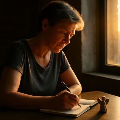 Eine europaeische Frau schreibt in ein Notizbuch am hellen Fenster, warme Morgenstimmung, ruhige Ausstrahlung.