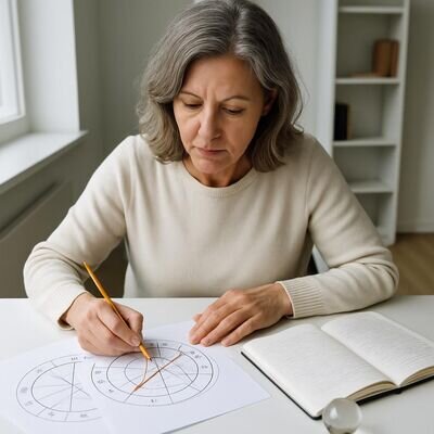 Eine Person markiert auf einem Horoskop-Ausdruck Aspekte, daneben liegen Notizbuch und Stift; ruhige, konzentrierte Stimmung.