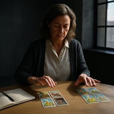 Eine Frau betrachtet nachdenklich gelegte Karten und Notizen, als wuerde sie Optionen vergleichen.