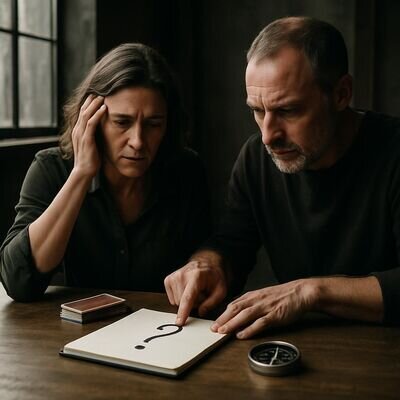 Zwei Menschen sitzen an einem Tisch und ordnen Gedanken auf Papier, um eine klare Frage f&uuml;r eine Session zu finden.