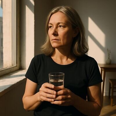 Eine Person richtet sich in warmem Morgenlicht innerlich aus, mit einem Glas Wasser als Symbol f&uuml;r Klarheit.