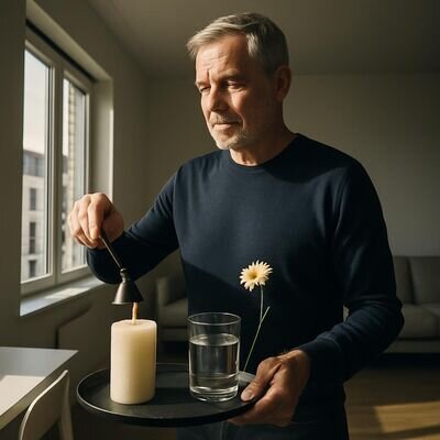 Eine Person beendet das Ritual bewusst, l&ouml;scht die Kerze und wirkt geerdet und zuversichtlich.