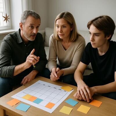 Zwei Elternteile mit unterschiedlichen Stilen, gemeinsam mit Teenager beim Planen, freundlich und konzentriert.