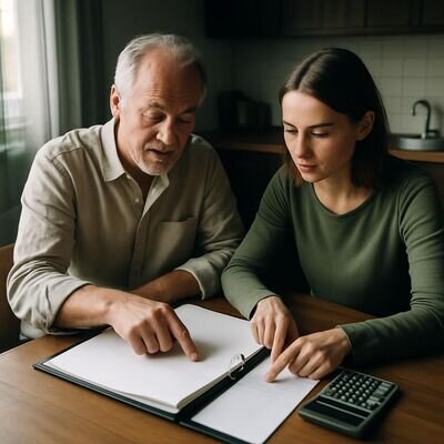 Zwei Menschen sprechen ruhig ueber Finanzen und Planung, ohne Stressatmosphaere.