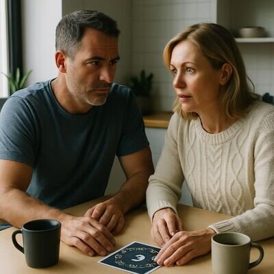 Ein Paar sitzt an einem hellen Tisch und spricht ruhig &uuml;ber emotionale Bed&uuml;rfnisse.