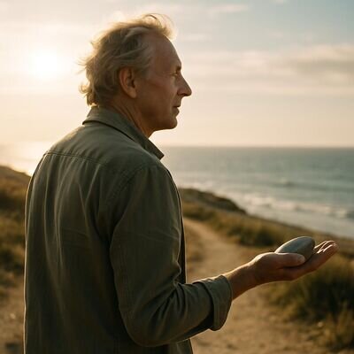 Eine Person geht in heller Natur mit weitem Blick, h&auml;lt einen kleinen Stein als Symbol f&uuml;r Standfestigkeit.