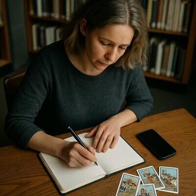 Eine Person notiert Gedanken neben einem Smartphone, als Symbol f&uuml;r reflektierte Chat-Beratung.