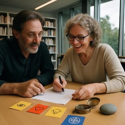 Zwei Menschen sitzen in einem hellen Raum und besprechen Notizen; im Vordergrund liegen Symbolkarten und ein Notizbuch.
