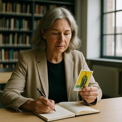 Eine Person sitzt in einer hellen Bibliothek und reflektiert mit Notizbuch und einer Tarotkarte.