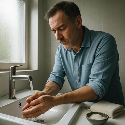 Eine Person w&auml;scht sich bewusst die H&auml;nde als Abschluss, helles Bad, klarer Moment.