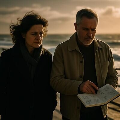 Zwei Personen gehen im Freien nebeneinander, reflektieren einen Konflikt und halten ein Notizbuch mit Sternzeichen-Skizzen.