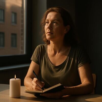Eine Person sitzt nachdenklich am Fenster mit Notizbuch, warme Atmosphaere, Fokus auf Selbstreflexion in Liebesfragen.