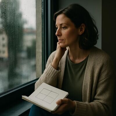 Eine Person sitzt nachdenklich am Fenster mit Notizbuch, ruhige Stimmung und Raum für Reflexion.