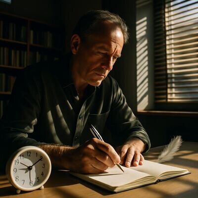 Ein Mann notiert Gedanken zu 11:11, helles Setting, klare Struktur, optimistische Stimmung.