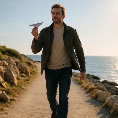 Ein Mann geht auf einem hellen K&uuml;stenweg, Blick nach vorn, Symbol f&uuml;r Orientierung und n&auml;chsten Schritt.