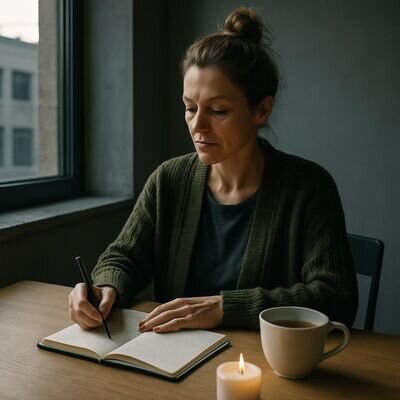 Helle, ruhige Szene: Person schreibt reflektierend in ein Notizbuch am Fenster, warme Morgenstimmung.