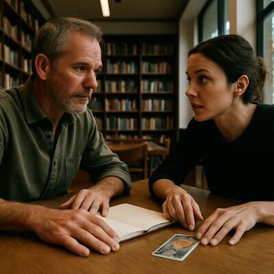 Zwei Menschen sitzen sich gegen&uuml;ber und sprechen ruhig &uuml;ber Traumdetails und Lebenskontext.