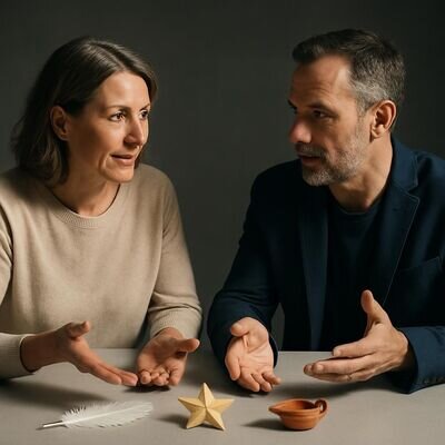 Zwei Personen vergleichen respektvoll Symbole, helles Studio-Setting mit klarer Komposition.