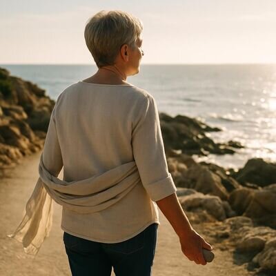 Eine Person geht an der K&uuml;ste entlang, weites Licht und klare Luft als Symbol f&uuml;r Loslassen und Stabilit&auml;t.