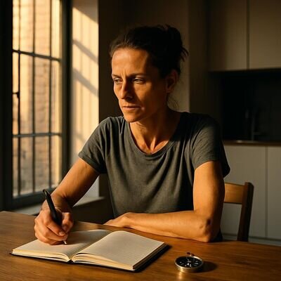 Eine Person sitzt an einem hellen Tisch und sortiert handschriftliche Notizen, um Erkenntnisse aus der Session greifbar zu machen.