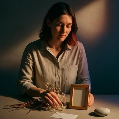 Eine Frau arrangiert Blumen und ein Erinnerungsobjekt auf einem Tisch in einem klaren Studio &ndash; Symbol f&uuml;r Abschluss und Hoffnung nach Verlusttr&auml;umen.