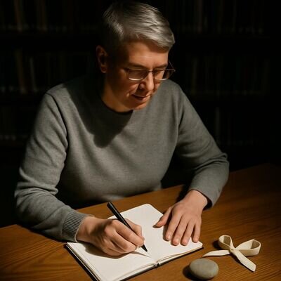Eine Person sitzt an einem hellen Holztisch, schreibt ruhig in ein Journal; neben ihr liegt ein sorgf&auml;ltig aufgewickeltes Band als Symbol f&uuml;rs Loslassen.
