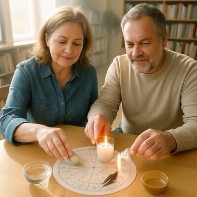 Ein Paar sitzt in einer hellen Bibliothek und ordnet symbolisch Elemente auf einem Tisch an.