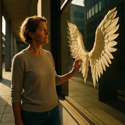 Eine Person entdeckt ein Fluegel-Symbol in einer hellen Umgebung und wirkt ruhig nachdenklich.